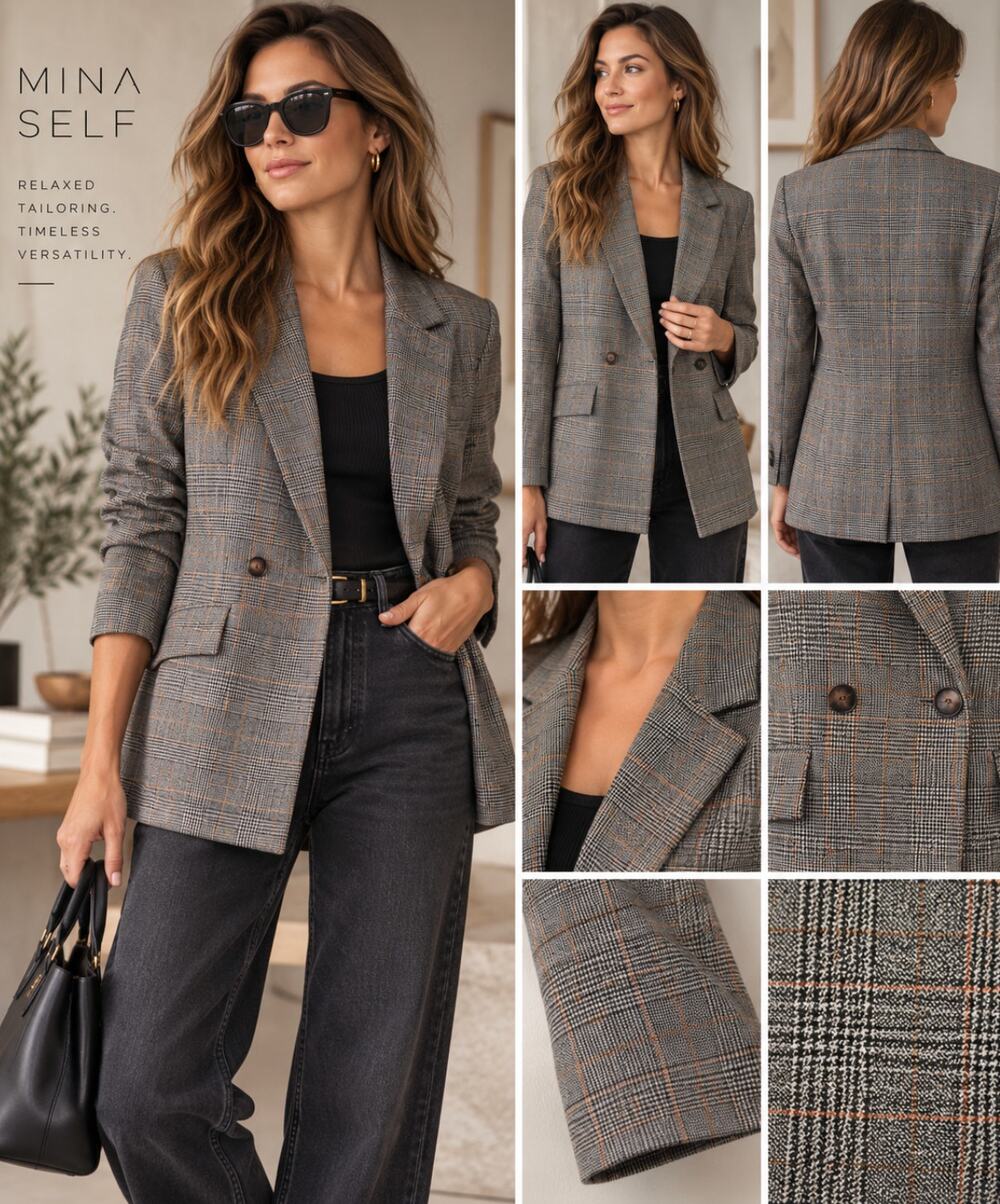 Mina Self Plaid Blazer M NWT Double Breasted Glen Check Officecore Preppy